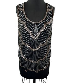 AWAKE Couture Black Beaded Sequin Embellished Sleeveless Blouse Sheer Evening M